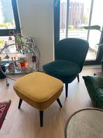 Woood fauteuil en poef velvet groen en geel, Huis en Inrichting, Fauteuils, Ophalen, Gebruikt, Stof