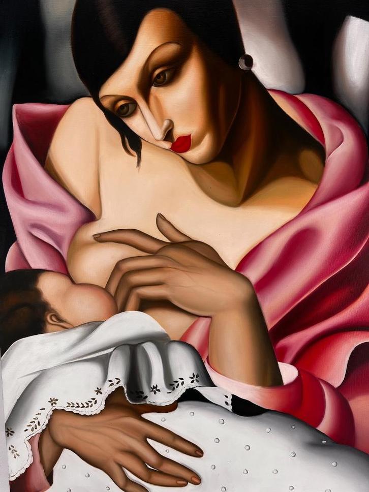 Mother and Child - Tamara de Lempicka - Handgeschilderd, Antiek en Kunst, Kunst | Schilderijen | Abstract, Ophalen of Verzenden
