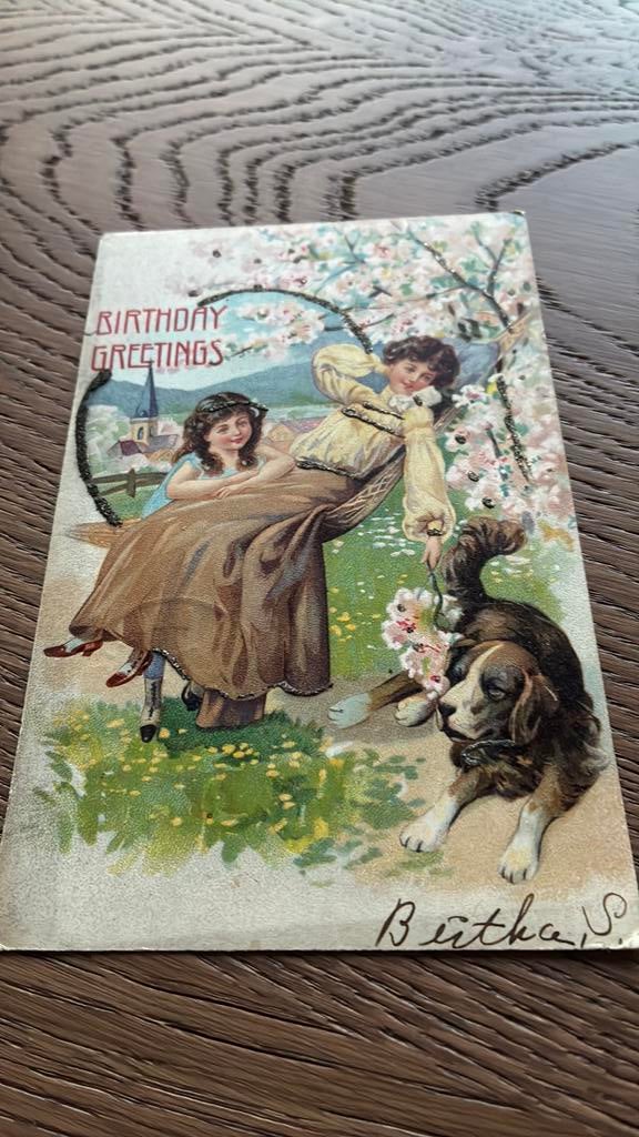 Verjaarsgroet. Vrouw in hangmat,kind,hond,bloesem.Glitter, Verzenden, Voor 1920, Gelopen, Overige thema's