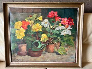 Antiek groot olieverf schilderij bloemen bloempot planten beschikbaar voor biedingen
