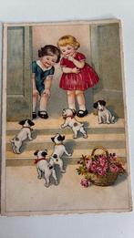 Kinderen en hondjes op de trap. Mand bloemen., Ophalen of Verzenden, Gelopen, Kinderen