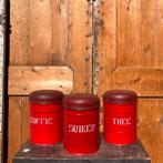 Pot emaille suiker koffie thee rood hoogte 16 cm SET PRIJS, Antiek en Kunst, Antiek | Emaille, Ophalen of Verzenden