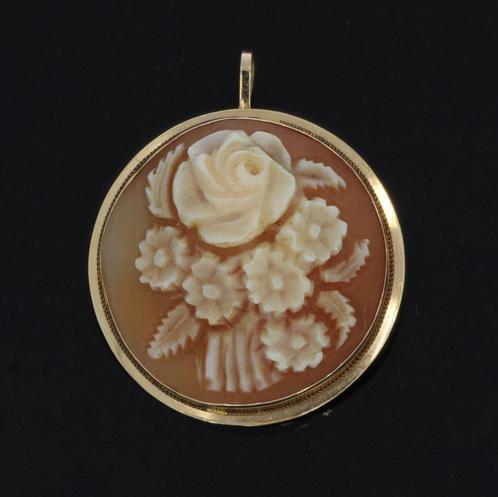 Schelp camee bloem ketting hanger broche 14k goud vintage, Sieraden, Tassen en Uiterlijk, Antieke sieraden, Hanger, Goud, Met edelsteen