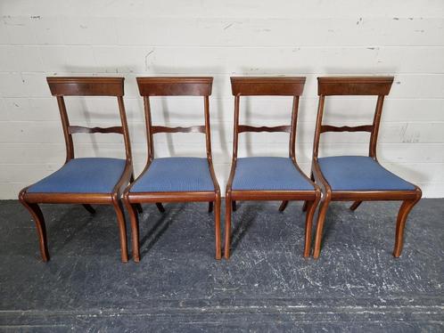 4 antieke eetkamerstoelen notenhout met blauwe stof, Antiek en Kunst, Antiek | Meubels | Stoelen en Banken, Ophalen