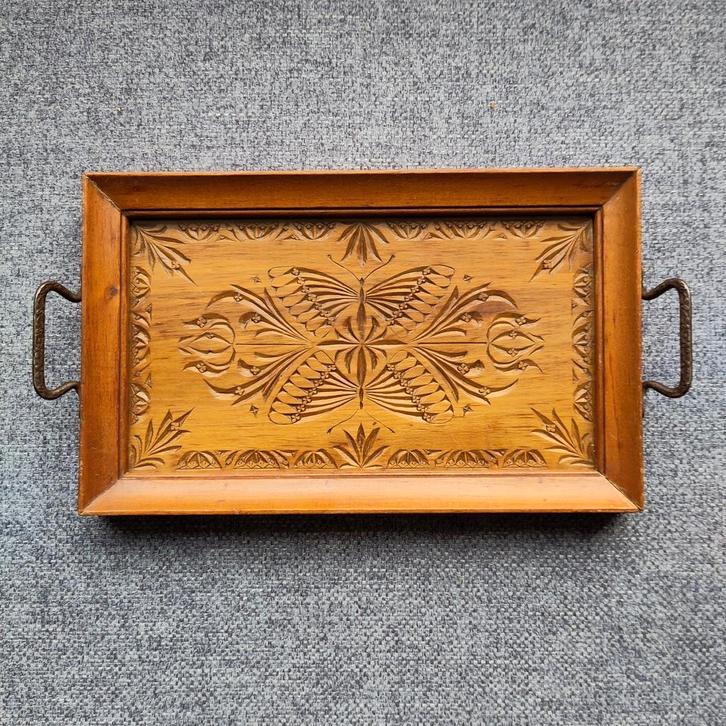 Antiek dienblaadje met houtsnijwerk en glas, Antiek en Kunst, Curiosa en Brocante, Ophalen of Verzenden