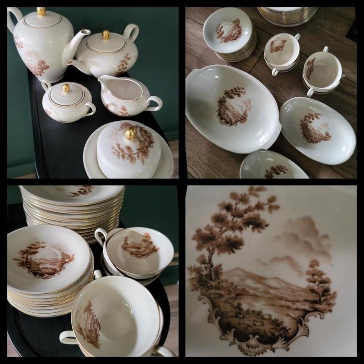 Porseleinen servies a pas an – Oakland | landschap, goud, Antiek en Kunst, Antiek | Servies compleet, Ophalen