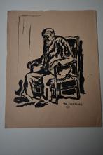 THEO L`HERMINEZ OUDE MAN IN STOEL 1941 O.I. TEKENING K42, Antiek en Kunst, Verzenden