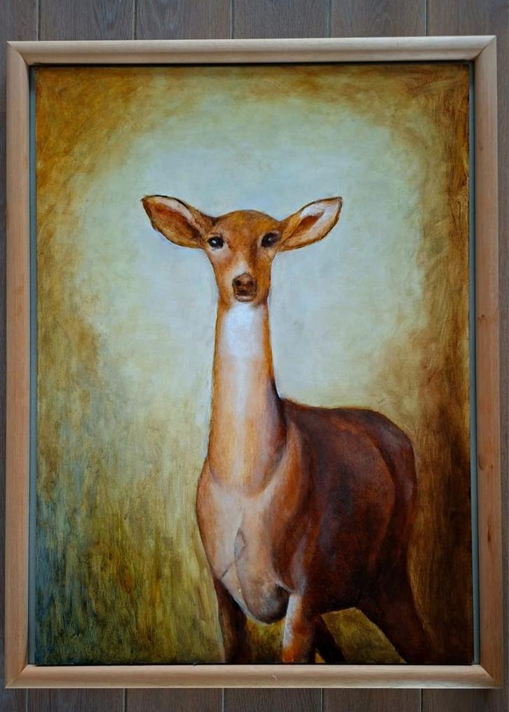 Olieverfschilderij Hert - Warme Tinten, Antiek en Kunst, Kunst | Schilderijen | Klassiek, Ophalen of Verzenden