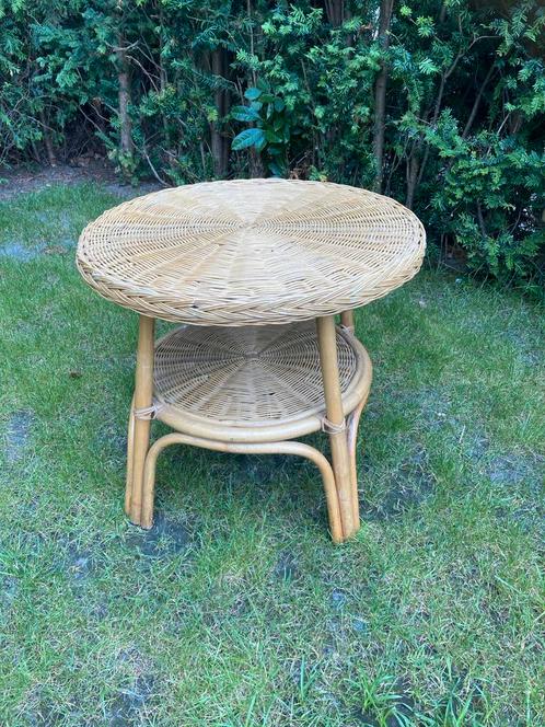 Rieten Bijzettafel Vintage Stijl, Huis en Inrichting, Tafels | Bijzettafels, Gebruikt, Rond, 45 tot 60 cm, Minder dan 55 cm, Overige materialen