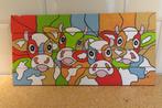 Ontzettend vrolijk kleurrijk schilderij met 4 koeien op hout, Ophalen of Verzenden, Gebruikt