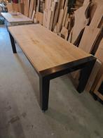 Eetkamertafel 220x90cm, zwart staal & populieren blad, Overige houtsoorten, Vijf personen of meer, Industrieel, Rechthoekig