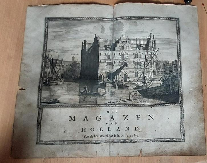Oude prent: Het Magazyn van Holland, 1667, Antiek en Kunst, Kunst | Etsen en Gravures, Ophalen of Verzenden
