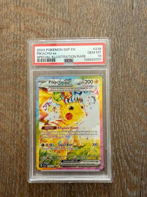 PSA 10 Pikachu ex #238 SIR - 2024 Surging Sparks EN, Hobby en Vrije tijd, Verzamelkaartspellen | Pokémon, Nieuw, Losse kaart, Ophalen of Verzenden