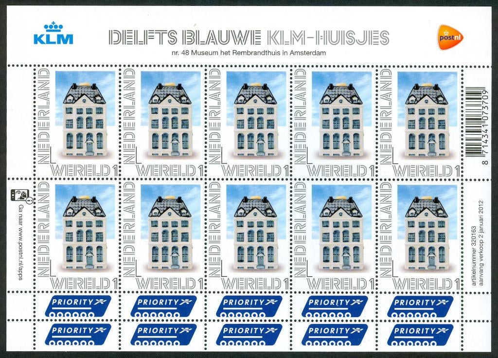Ned. NVPH V2899 Pers. zegels Delftsblauwe KLM-huisjes 2012, Postzegels en Munten, Postzegels | Nederland, Ophalen of Verzenden