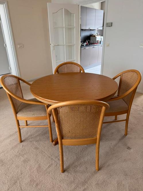 Ronde, uitschuifbare, blank eiken eethoek, Huis en Inrichting, Complete eetkamers, Zo goed als nieuw, Ophalen