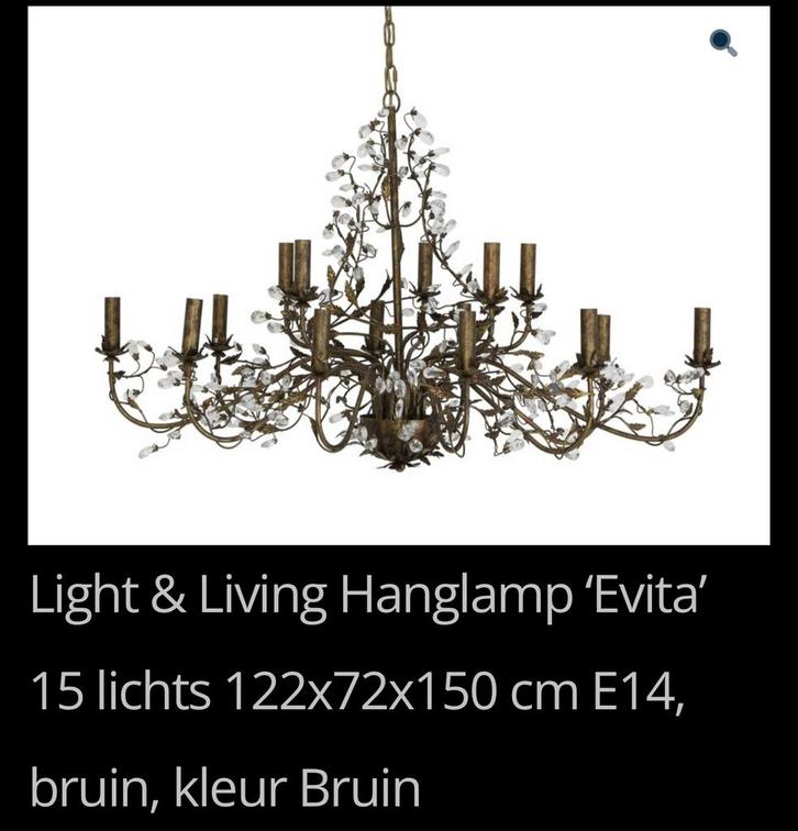 Barok Hanglamp Evita met Kristallen - 16 Lichts, Huis en Inrichting, Lampen | Hanglampen, Zo goed als nieuw, 75 cm of meer, Metaal