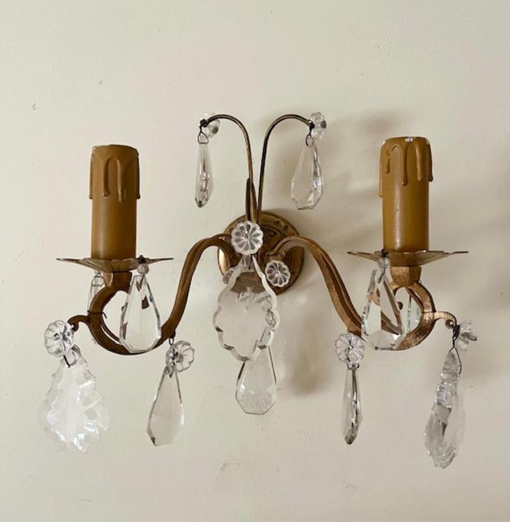 Set antieke Franse wandlampen met kristalglazen pegels, Antiek en Kunst, Antiek | Lampen, Ophalen of Verzenden