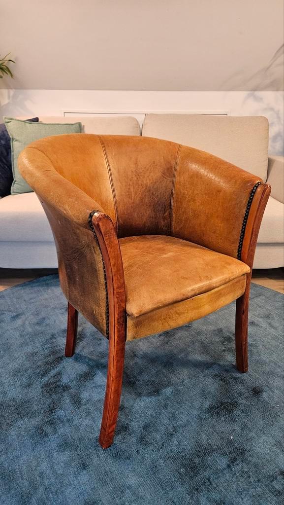 Vintage Schaapsleren Fauteuil, Huis en Inrichting, Fauteuils, Gebruikt, Hout, Leer, 50 tot 75 cm, 75 tot 100 cm, Ophalen