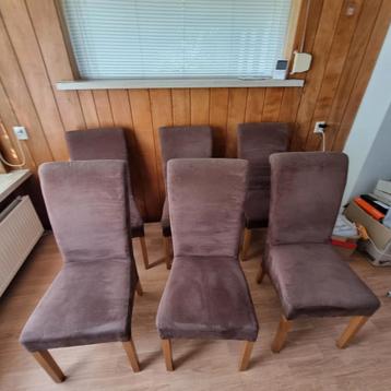 6 Bruine Eetkamerstoelen - Stof & Hout beschikbaar voor biedingen