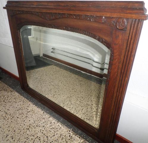Antieke spiegel (86 x 104 cm) met Art Deco snijwerk Ca. 1920, Antiek en Kunst, Antiek | Spiegels, 100 tot 150 cm, Minder dan 100 cm