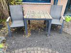 Tuintafel met 2 stoelen + kussens - Gebruikt, Ophalen of Verzenden, Gebruikt, Aluminium