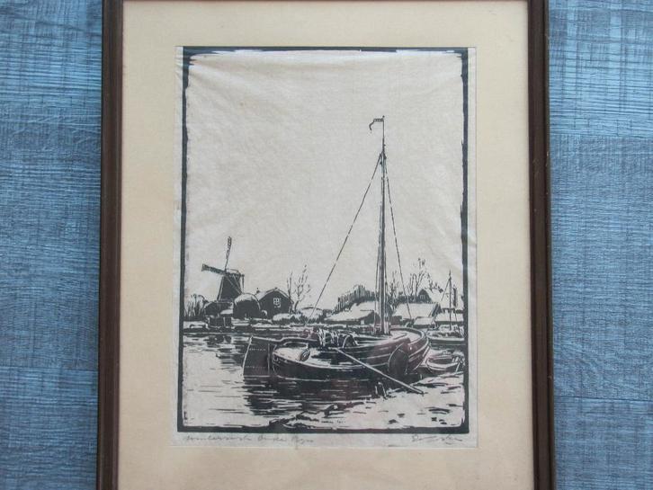 Houtsnede van Ed Jeska (Jan Staats Kiewiet) - Oude Rijn, Antiek en Kunst, Kunst | Etsen en Gravures, Ophalen of Verzenden