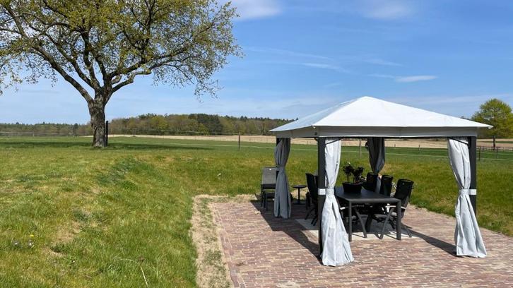 Aluminium Prieel met grijs zeildoek - volledig afsluitbaar, Tuin en Terras, Overkappingen, Zo goed als nieuw, Overige typen, Ophalen