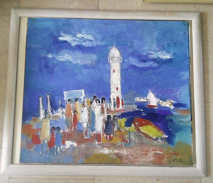 Mensen bij vuurtoren - Frankrijk '88 - J. Hoogstra 1924-2003, Antiek en Kunst, Kunst | Schilderijen | Klassiek, Ophalen of Verzenden