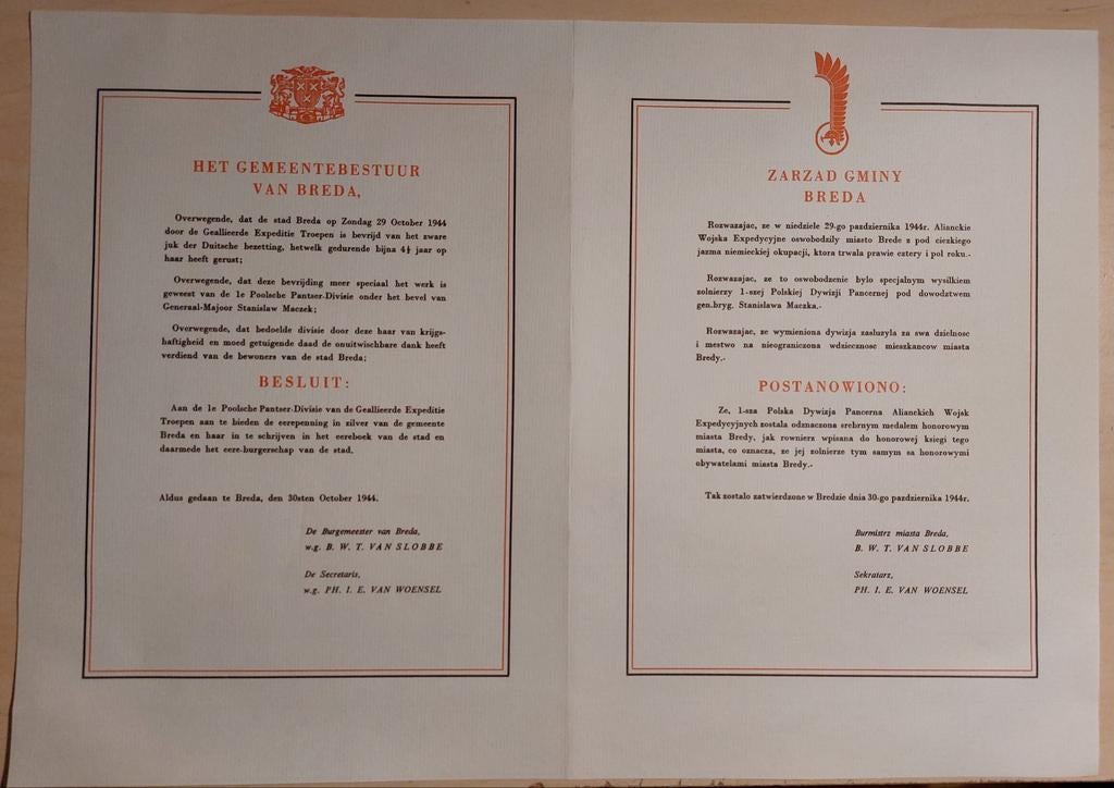 Officieel document "ereburger van Breda". ww2, Ophalen of Verzenden, Nederland, Foto of Poster