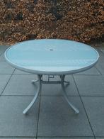 Ronde Tuintafel met glazen Blad, aluminium verstelbare Poten, Tuin en Terras, Ophalen, Gebruikt, Rond, Aluminium