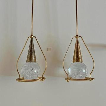 Hanglampen goudkleurig met massief glazen bol, set van 2 