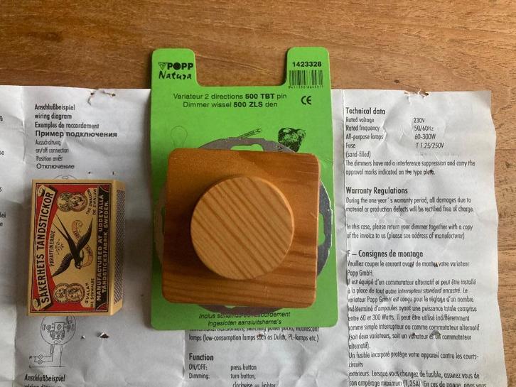 Vintage houten dimmer voor ouderwetse gloeilamp Popp Natura, Doe-het-zelf en Verbouw, Elektra en Kabels, Nieuw, Schakelaar, Ophalen of Verzenden