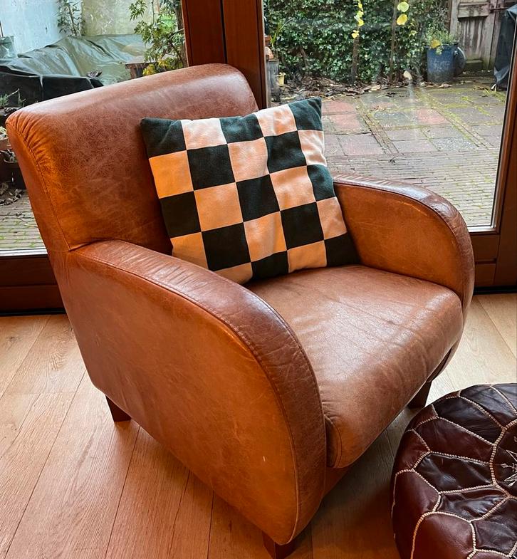 Vintage Leren Fauteuil / Stoel, Huis en Inrichting, Fauteuils, Gebruikt, Leer, 50 tot 75 cm, 75 tot 100 cm, Ophalen
