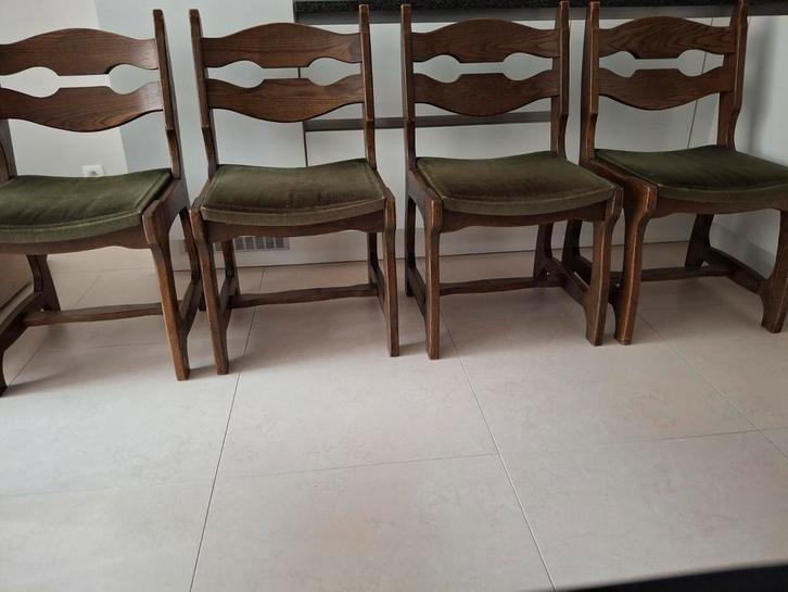 Vintage Guillerme et Chambron Stoelen, Huis en Inrichting, Stoelen, Gebruikt, Vier, Hout, Stof, Bruin, Ophalen