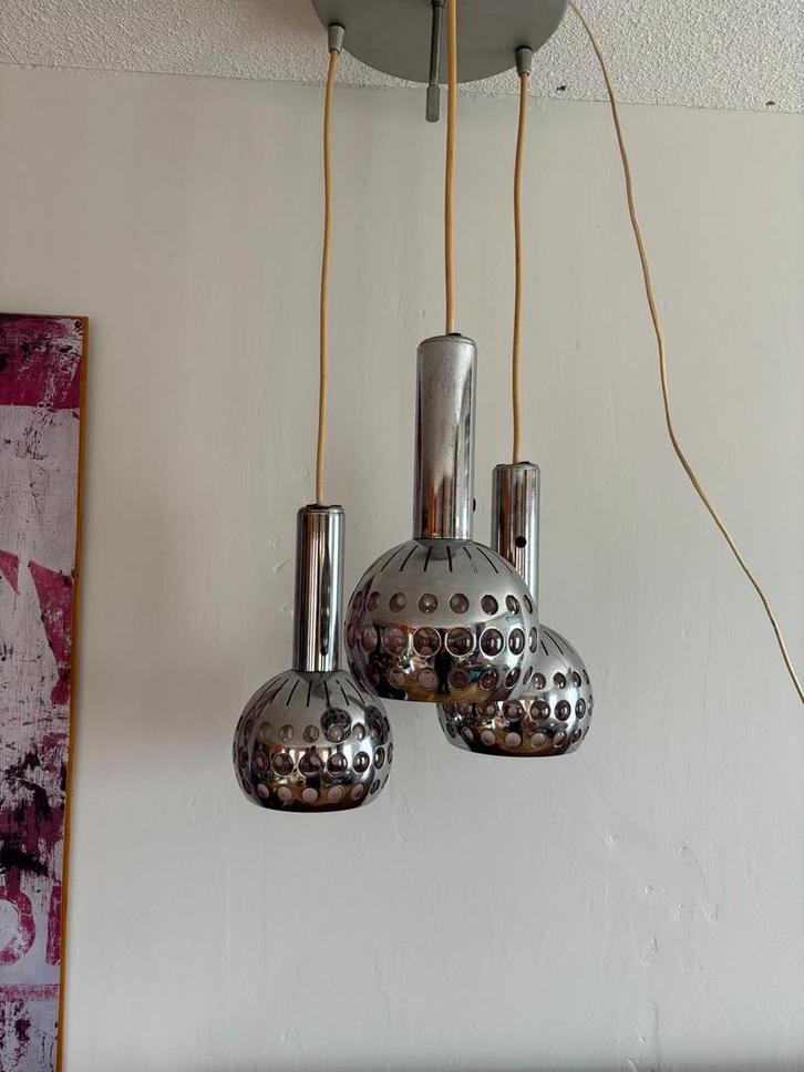 Vintage Hanglamp Zilverkleurige Bollen - Verstelbaar, Huis en Inrichting, Lampen | Hanglampen, Gebruikt, 50 tot 75 cm, Metaal