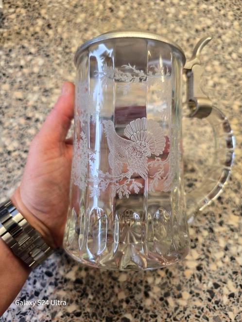 Duitse Bierpul met Tinnen Deksel - Haan & Hert, Antiek en Kunst, Antiek | Glas en Kristal, Ophalen of Verzenden