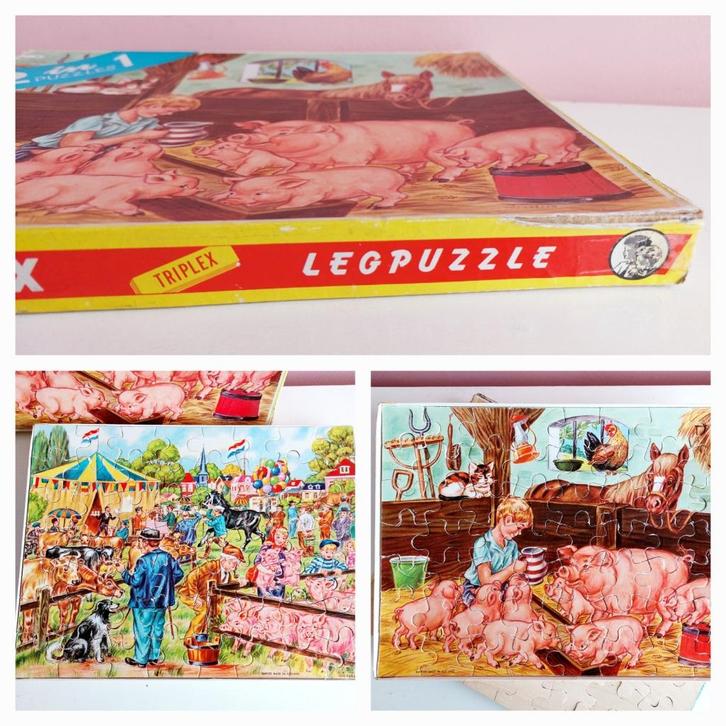 2x Simplex houten puzzel, legpuzzels, varkens en veemarkt, Antiek en Kunst, Antiek | Speelgoed, Ophalen of Verzenden