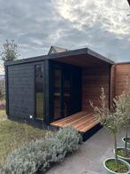 Luxe Thermowood buitensauna met luifel en vlonder. Tuinsauna, Ophalen of Verzenden, Nieuw, Fins of Traditioneel, Complete sauna