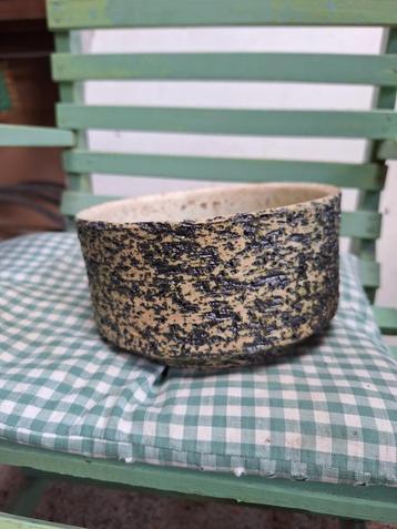 Vintage berkenbast bloempot, chamotte schaal, groen glazuur  beschikbaar voor biedingen