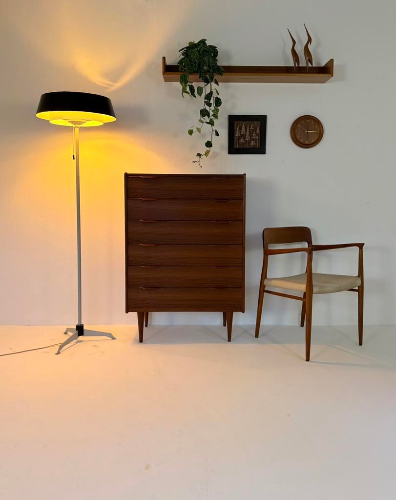 Vintage vloerlamp ST-7128, Niek Hiemstra, Evolux ‘50, Huis en Inrichting, Lampen | Vloerlampen, Vintage retro buisframe design rotan webbing papercord deens