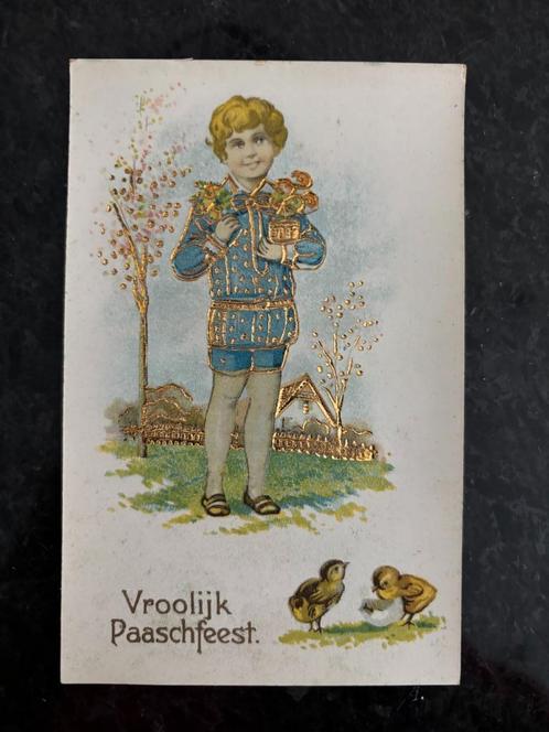 Antieke wenskaart vrolijk paasfeest met jongen., Verzamelen, Ansichtkaarten | Nederland, Ongelopen, 1920 tot 1940, Ophalen of Verzenden