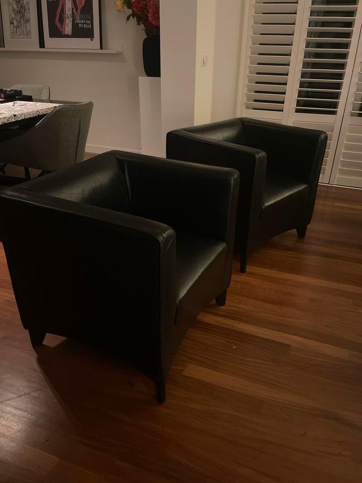 Zwarte lederen fauteuils (2 stuks), Huis en Inrichting, Fauteuils, Gebruikt, Leer, 50 tot 75 cm, 75 tot 100 cm, Ophalen