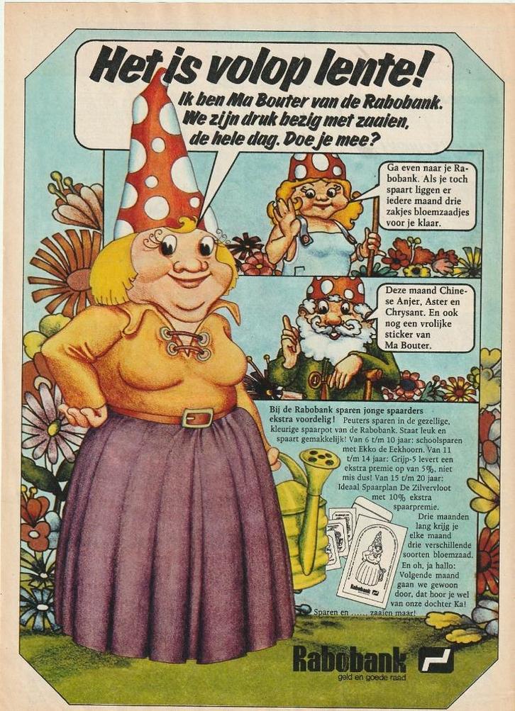 retro reclame 1977 Rabobank Ma Bouter in de tuin, Verzamelen, Retro, Overige typen, Verzenden