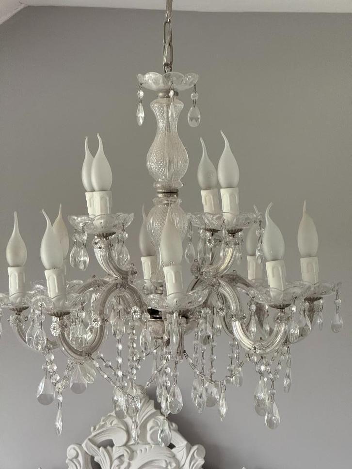 12 armen kroonluchter, Huis en Inrichting, Lampen | Hanglampen, Zo goed als nieuw, 50 tot 75 cm, Glas, Ophalen