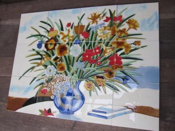Tegeltableau bloemen decor in relief 12 losse tegels 15x15cm beschikbaar voor biedingen