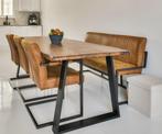 Mangohouten eettafel met eetstoelen en bankje, Huis en Inrichting, Tafels | Eettafels, Ophalen, Gebruikt, Industriële eettafel