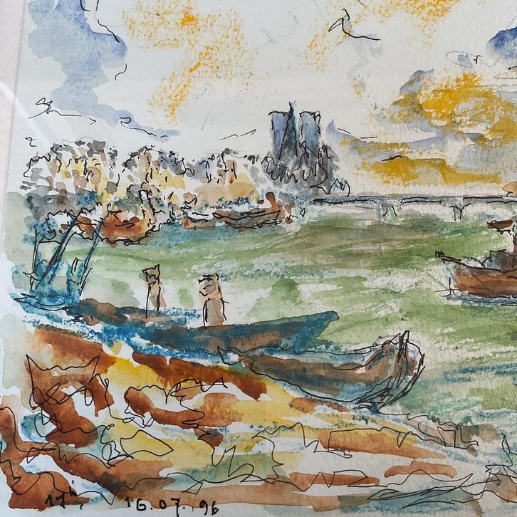 Parijs, Aquarel “La Seine” Parijs, Gesigneerd en ingelijst, Antiek en Kunst, Kunst | Schilderijen | Modern, Ophalen of Verzenden