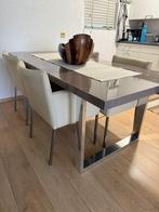 Eettafel met 4 leren stoelen, Huis en Inrichting, Tafels | Eettafels, 200 cm of meer, Zo goed als nieuw, Vijf personen of meer
