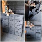 Metalen industriële (koffer) ladenkast dressoir in mat zwart, Ophalen