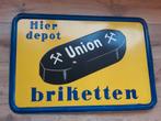 Briketten Union Hier depot bord emaille, Verzamelen, Ophalen of Verzenden, Gebruikt, Reclamebord